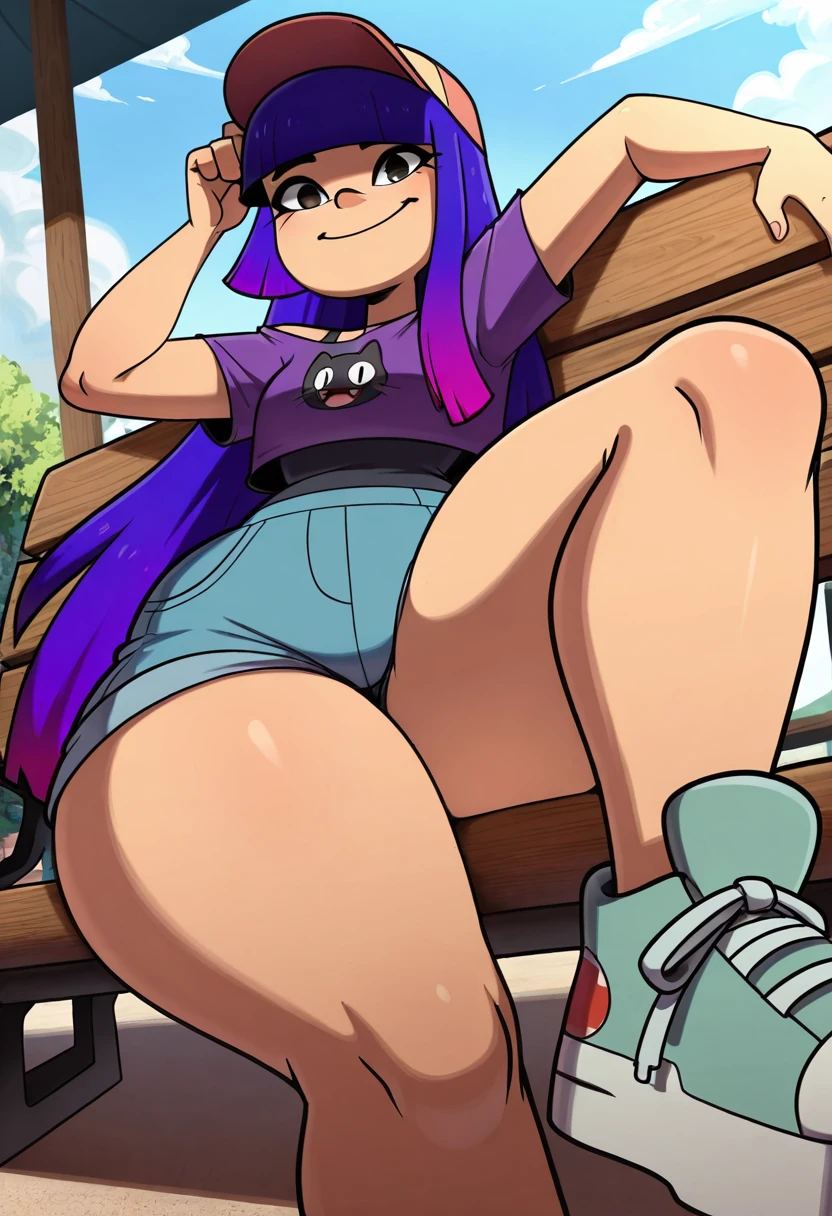 masterpiece, best quality, solo, curvy, beautiful eyes,  narrow waist, wide , zzMiko, long hair, purple hair, blunt bangs, multicolored hair,  dynamic angle, foreshortening, close up, smile, looking at viewer,   ,       <lora:MikoKubotaIXL:1.0>, [Casual Park Hangout], Pink shirt, short shorts, baseball cap, slip-on shoes, Relaxing on a bench beneath shady trees, with the sound of distant laughter and leaves rustling in the breeze.