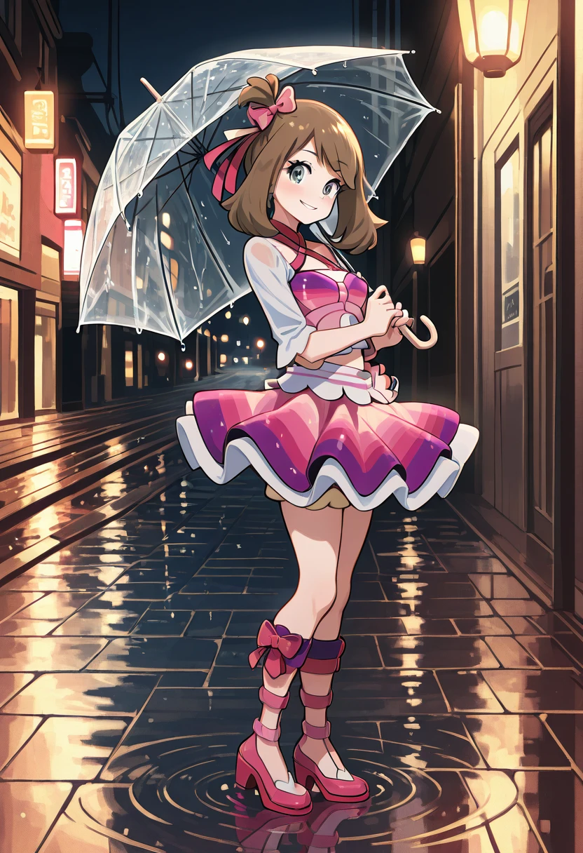 masterpiece, best quality, 1girl, solo, eyelashes, (beautiful eyes), smile, looking at viewer, zzMayIdol, grey eyes, brown hair, medium hair, one side up, hair ribbon, ribbon, bow, skirt, boots, rainy street, soft lighting, umbrella, reflection on wet pavement, bittersweet expression. Under a transparent umbrella, zzMayIdol stands on a quiet street after a concert, the city lights reflecting off puddles as she hums a soft tune, her bow and skirt gently swaying. <lora:MayContestPokemon_IXL_v2:1.0>,