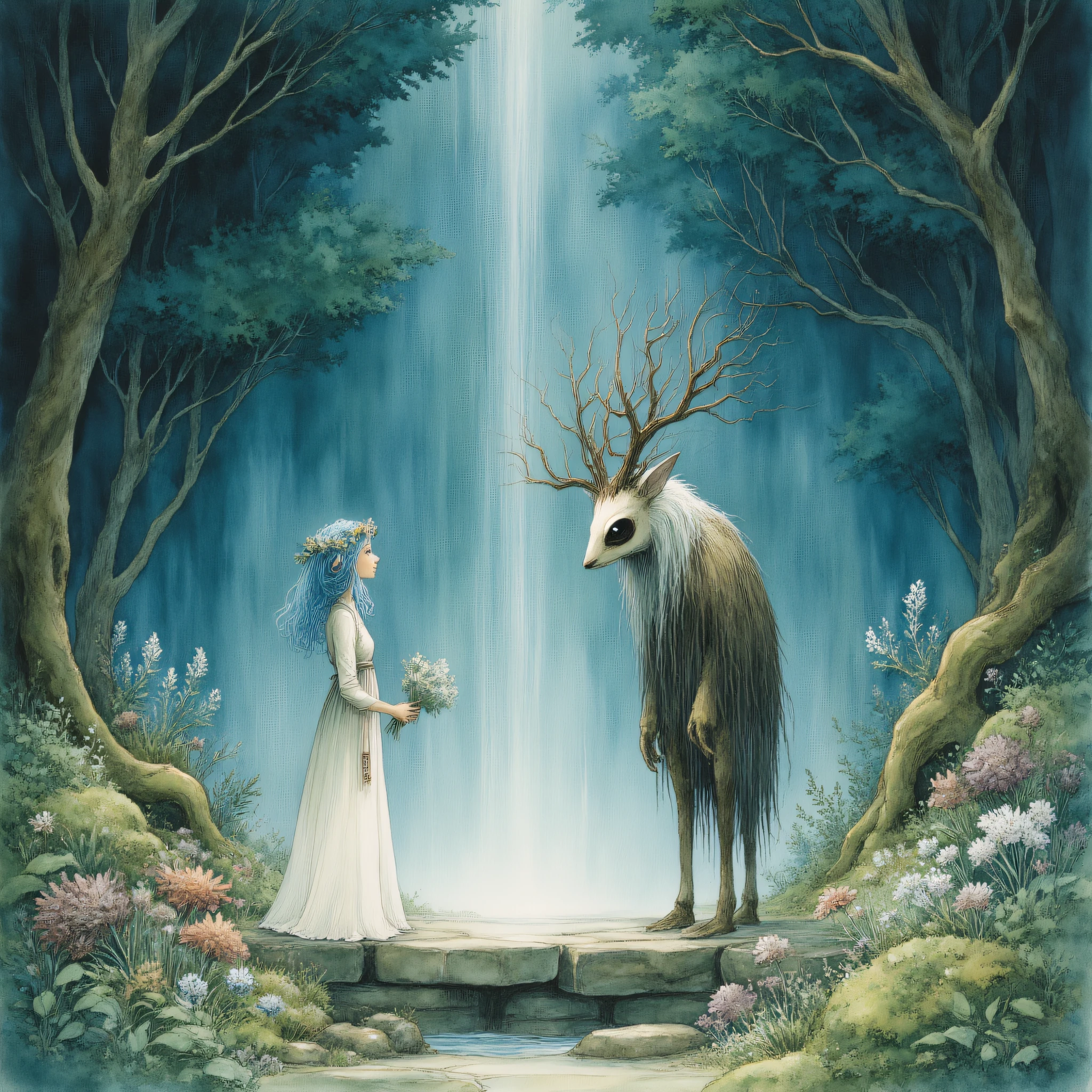 Studio Ghibli Dark Fairytale, The image is an illustration of a young girl standing in a forest. She is wearing a white dress and a flower crown on her head. The girl is holding a small bouquet of flowers in her hand and is looking at a large creature with a large head that has a black eye and long pointed ears. The creature appears to be a creature with sharp teeth and sharp claws. It is standing on a stone platform in the middle of the forest surrounded by trees and bushes. The background is a deep blue-green color and there is a waterfall cascading down from the top of the image. The overall mood of the illustration is peaceful and serene., 1girl, flower, head wreath, dress, blue hair, long hair, holding, standing, from side, antlers