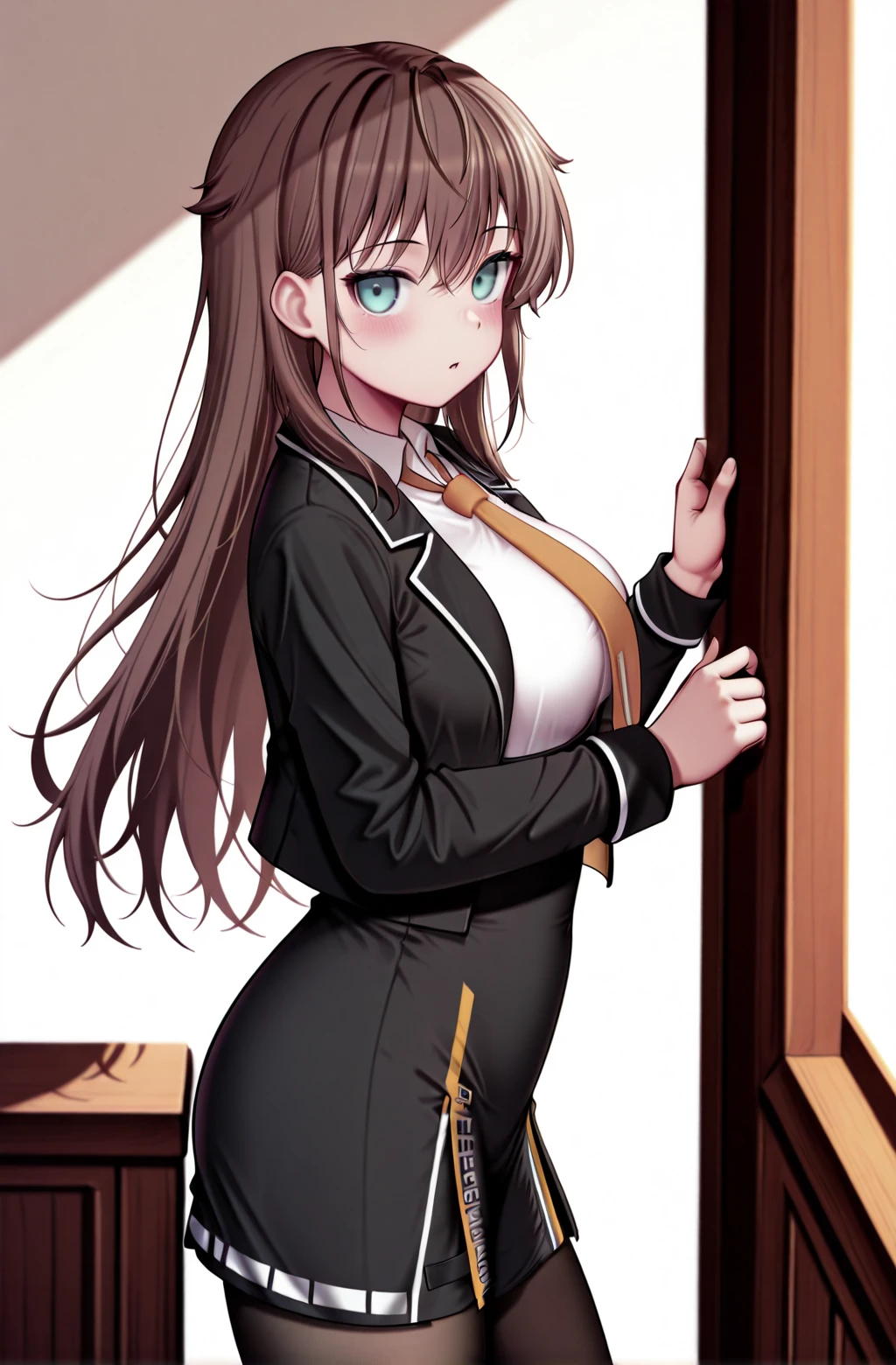 masterpiece,best quality,amazing quality,
<lora:KanaNebelWorkingV1-IXL:1> 1girl,nebelgeisterjager uniform,open black jacket,white collared shirt,black skirt,orange necktie, pantyhose,from side,looking at viewer, Kashiwazakikana,aqua eyes,brown hair <lora:Kashiwazakikana-OnlyCharV3-IXL:1>