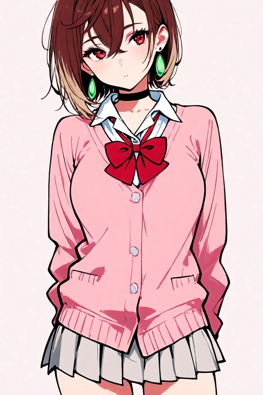 <lora:ayase_momo-koto-Illustrious v01:0.4> ayasemomo, hair between eyes, crossed bangs, green earrings, brown hair, red eyes, black choker, short hair, white shirt, red bowtie,pleated skirt,school uniform, pink cardigan, long sleeves, 1girl, solo, alone, <lora:neo_pop_style_illustriousXL_by_zura_janai-000029:1>, neo_pop_style, masterpiece, highres