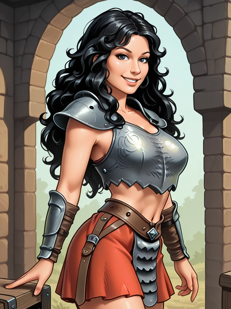 <lora:Telerie:0.7>
telerie,,long hair, black hair, curly hair,,armor, midriff, skirt,, looking at viewer, smiling
medieval dungeon, solo
