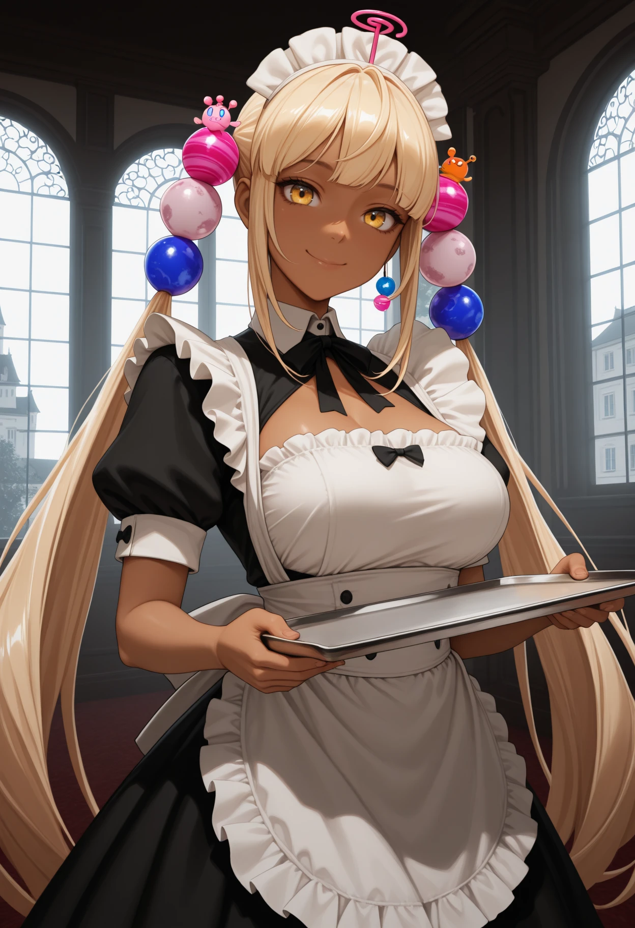masterpiece, best quality, 1girl, solo, S4n4, dark skin, yellow eyes, blonde hair, very long hair, twintails, planet hair ornament, limiter, indoors, mansion, window, holding tray, maid, maid headdress, enmaided, apron, looking at viewer, smile, <lora:ChamTsukumoSanaNoob:1>