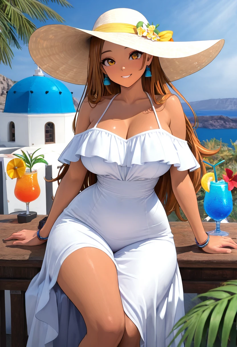masterpiece, best quality, solo, curvy, beautiful eyes,  narrow waist, wide hips, 1girl, solo, smile, looking at viewer, cowboy shot,   zzSantorini,  ,<lora:SantoriniBuildings_IXL_v1:0.8>,    [Tropical Summer Escape], White sundress, wide-brimmed sun hat, open-toe sandals, windswept hair, Sitting at an outdoor café table under palm trees, sipping from a vivid tropical drink with two straws as ocean breeze tousles the dress in golden sunlight.