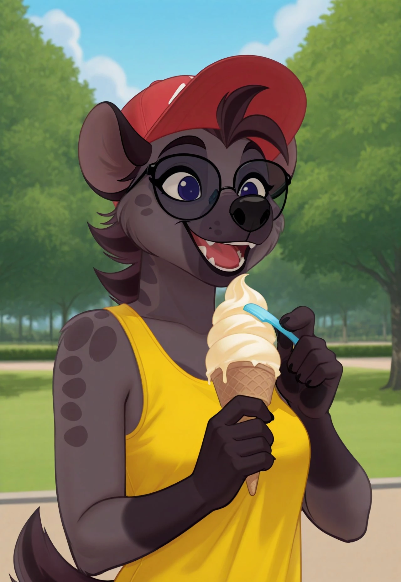 score_9, score_8_up, score_7_up, 4k,
Jasiri, anthro, furry, hyena, female, solo, upper body, outdoors, park, summer, smiling, eating ice cream, wearing summer outfit, sunglasses, baseball cap