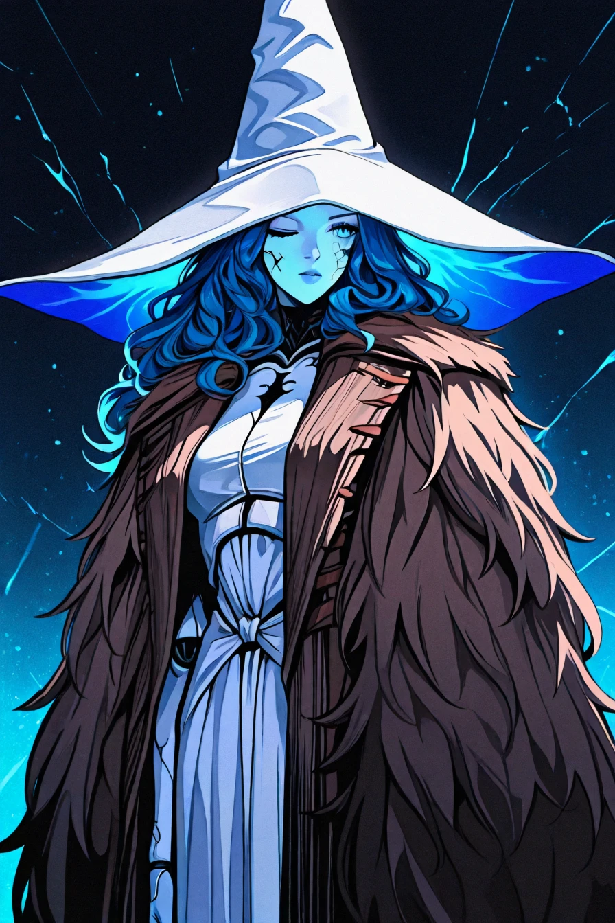 <lora:Ranni_illusXLNoobAI_Incrs_v1:0.4> RnnDef, blue eyes, one eye closed, blue hair, wavy hair, blue skin, colored skin, cracked skin, doll joints, witch hat, large hat, white headwear, white dress, long sleeves, fur cloak, brown cloak, 1girl, solo, alone, <lora:neo_noir_melancholic_style_illustriousXL:1>, neo_noir_melancholic, masterpiece, highres