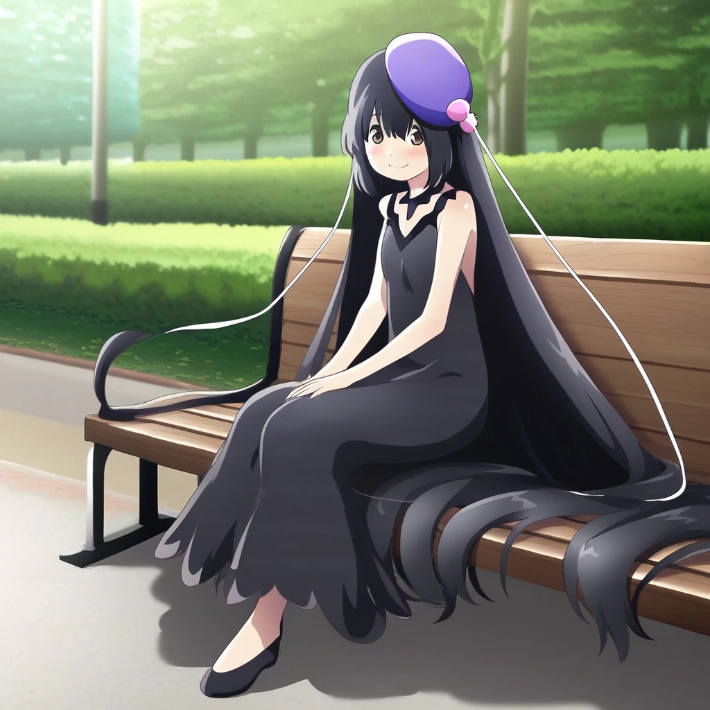 solo, high quality, absurdres, full body, ophelia_vfe, brown eyes, black hair, very long hair, purple beret, neck light, black dress, sitting, side view, attracted to viewer, blush, soft smile, outside, park, sitting on bench