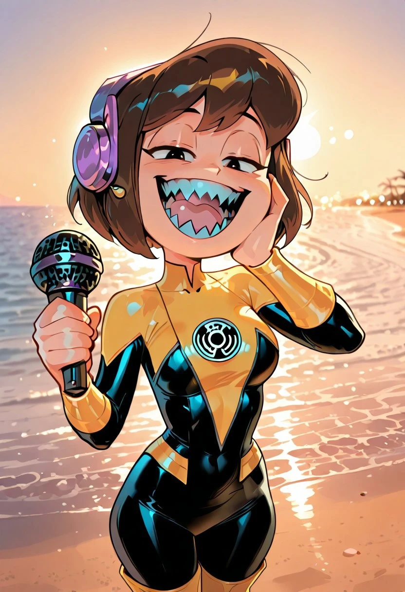 masterpiece, newest,absurdres,incredibly absurdres, best quality, amazing quality, very aesthetic,
, depth of field, blurry foreground, bokeh,Beach , palmeras, solo,1girl, evil smile, sharp teeth, upper body, close up, open mouth,,melodii, brown hair, 1girl, short hair, purple headphones, holding microphone, girl holding microphone, cowboy shot,
SinestronCOS,thighhighs,skin tight,bodysuit,superhero,black bodysuit,yellow bodysuit,sinestrocorps symbol on chest, knee boots, yellow boots, sinestrocorps symbols on chest,
, toon art style, western cartoon,
, hand on cheek ,
re4lity_sync_illu