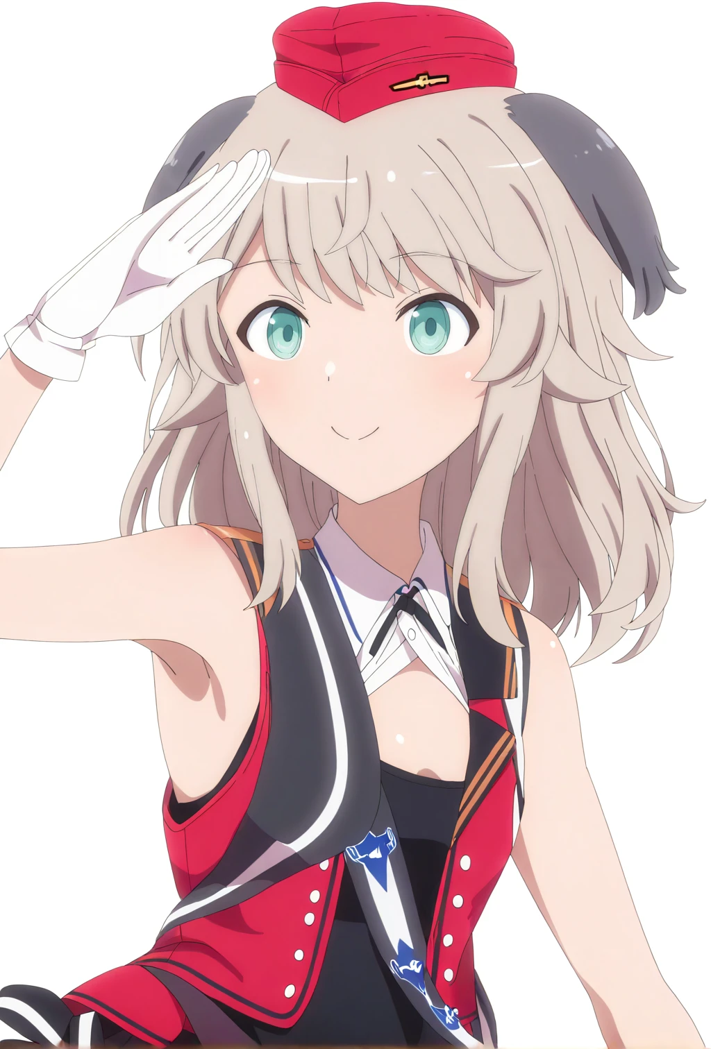 1girl, (virginia robertson:1.1), small chest, salute, sleeveless, red uniform, sash, upper body, (newest masterpiece best quality highres absurdres:1.1), tk-lwshft, simple background, white background, bird ears, <lora:lwitches25-epoch-000010:0.75>,
<lora:lwitches-stylev25-epoch-000007:1>