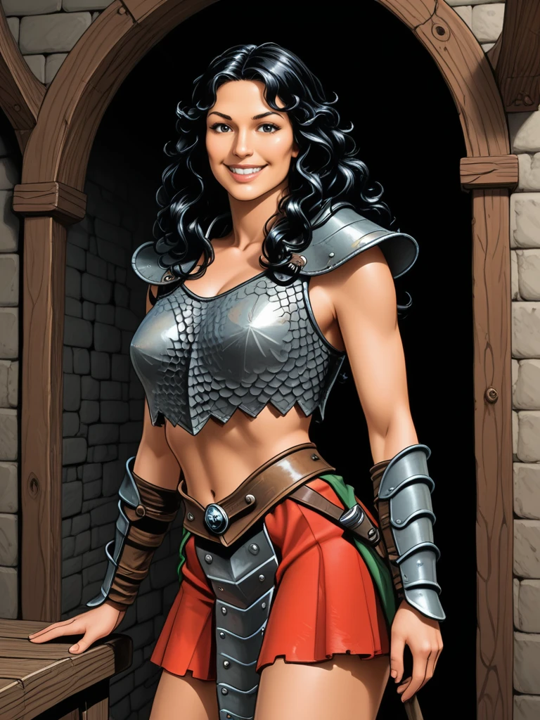 <lora:Telerie:0.7>
telerie,,long hair, black hair, curly hair,,armor, midriff, skirt,, looking at viewer, smiling
medieval dungeon, solo