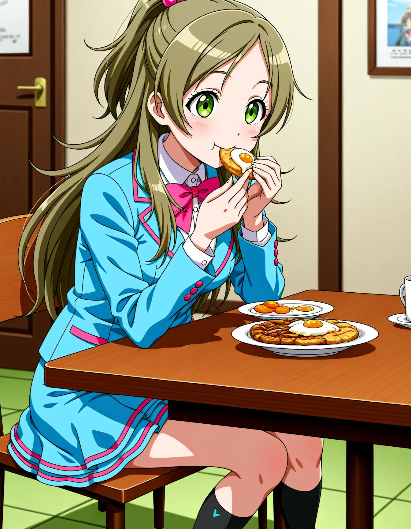 <lora:dmd2_sdxl_4step:1>,1girl,official style,masterpiece,best quality,newest,very aesthetic,highly detailed,high resolution,absurdres,highres,depth of field,super detailed skin,very awa,Anime,anime coloring,anime screencap,<lora:cure_rhythm_V2:1>,minamino kanade,brown hair,blonde hair,long hair,half updo,ponytail,eyelashes,green eyes,hair bobbles,aria gakuen school uniform,blue shirt,blue jacket,blazer,white shirt,long sleeves,pink neckwear,pink bow,bowtie,blue skirt,miniskirt,layered skirt,striped skirt,socks,black legwear,loafers,brown footwear,breakfast,sitting,smile,table,eating,