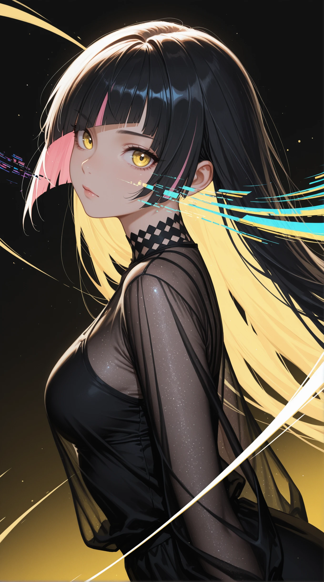 masterpiece, detailed_eyes, high_quality, best_quality, highres, absurdres, 8k, female, moody lighting, blue and yellow color palette, simple background, side view, looking at viewer, dynamic angle, floating ribbons, black_hair, pink highlights, translucent clothing, zigzag bangs, motion lines, particle effects, glitch overlay, abstract brushstrokes, diagonal_angle