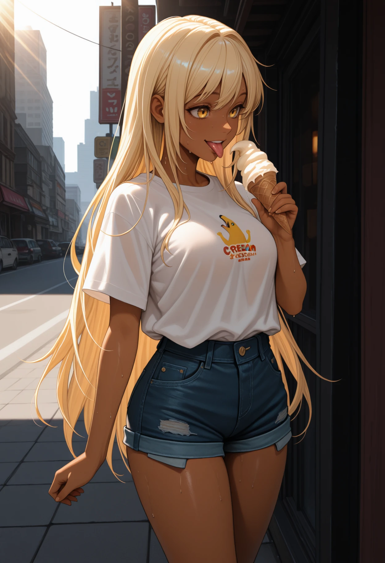 masterpiece, best quality, 1girl, solo, S4n4, dark skin, yellow eyes, blonde hair, very long hair, hair down, white shirt, t-shirt, denim shorts, outdoors, city, holding ice cream cone, tongue out, licking ice cream, smile, sweat, summer, light rays, <lora:ChamTsukumoSanaNoob:1>
