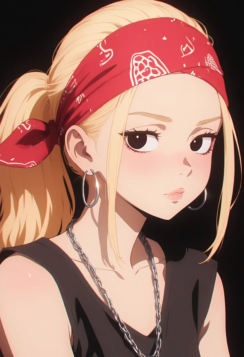 masterpiece, best quality, amazing quality, LDSCH, aesthetic, 1girl, solo, long hair, looking at viewer, simple background, shirt, blonde hair, closed mouth, jewelry, collarbone, ponytail, earrings, hairband, sleeveless, necklace, black eyes, black shirt, looking to the side, lips, headband, chain, tank top, black background, portrait, hoop earrings, red hairband, bandana, chain necklace, red bandana