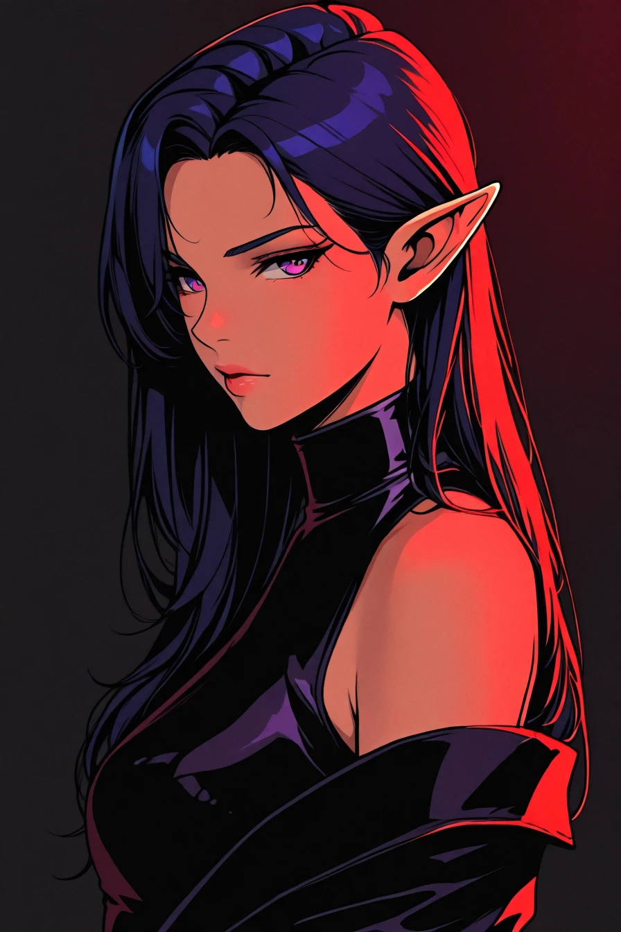 1girl, solo, alone, elf, pointy ears, <lora:neo_noir_melancholic_style_illustriousXL:1>, neo_noir_melancholic, masterpiece, highres