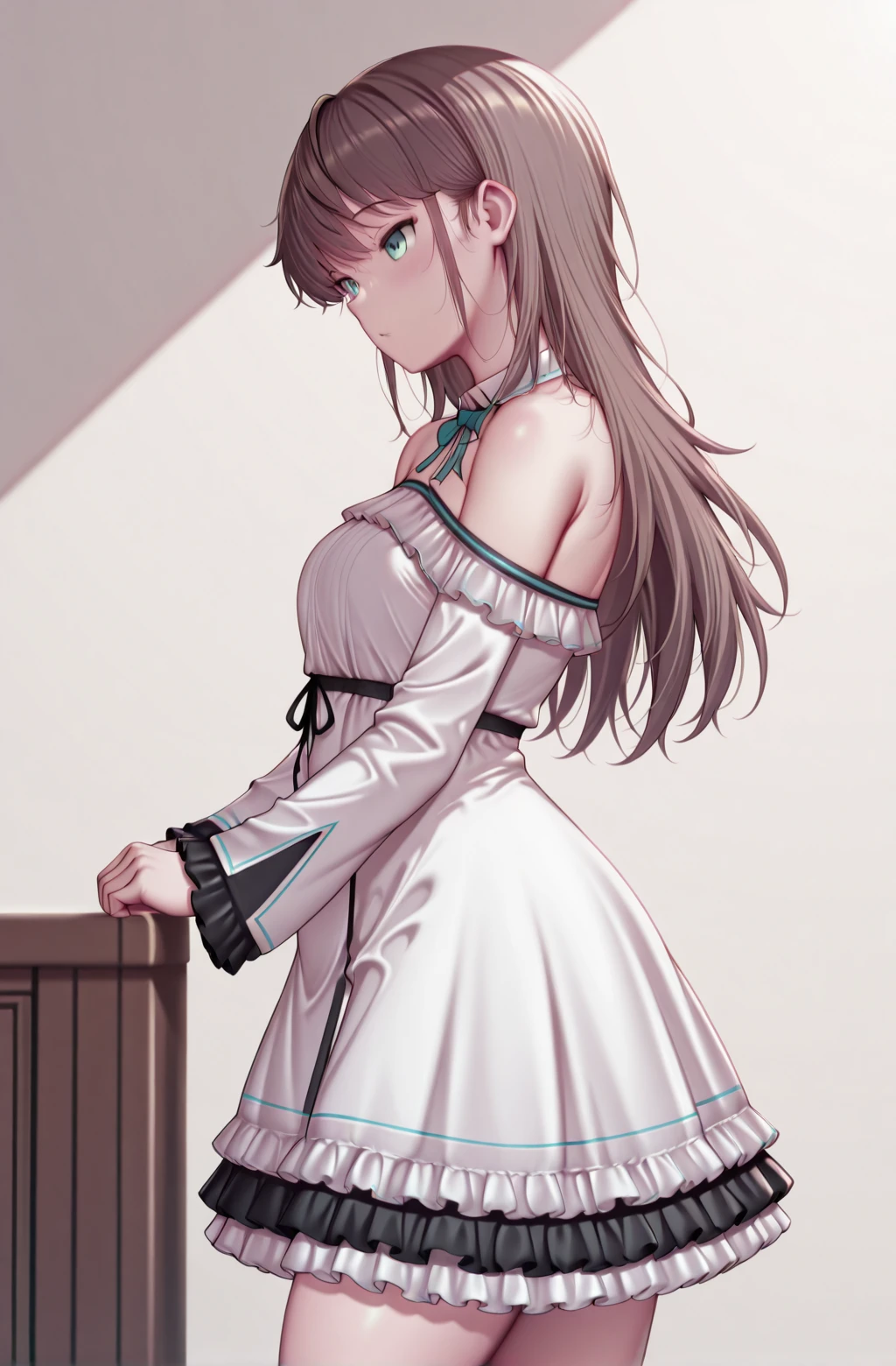 masterpiece,best quality,amazing quality,
1girl,nebelkanacasual frilled dress, cowboy shot,bare shoulders, detached collar, <lora:KanaNebelCausalRebornV1-IXL:1> <lora:Kashiwazakikana-OnlyCharV3-IXL:1>,Kashiwazakikana,brown hair,aqua eyes,from side