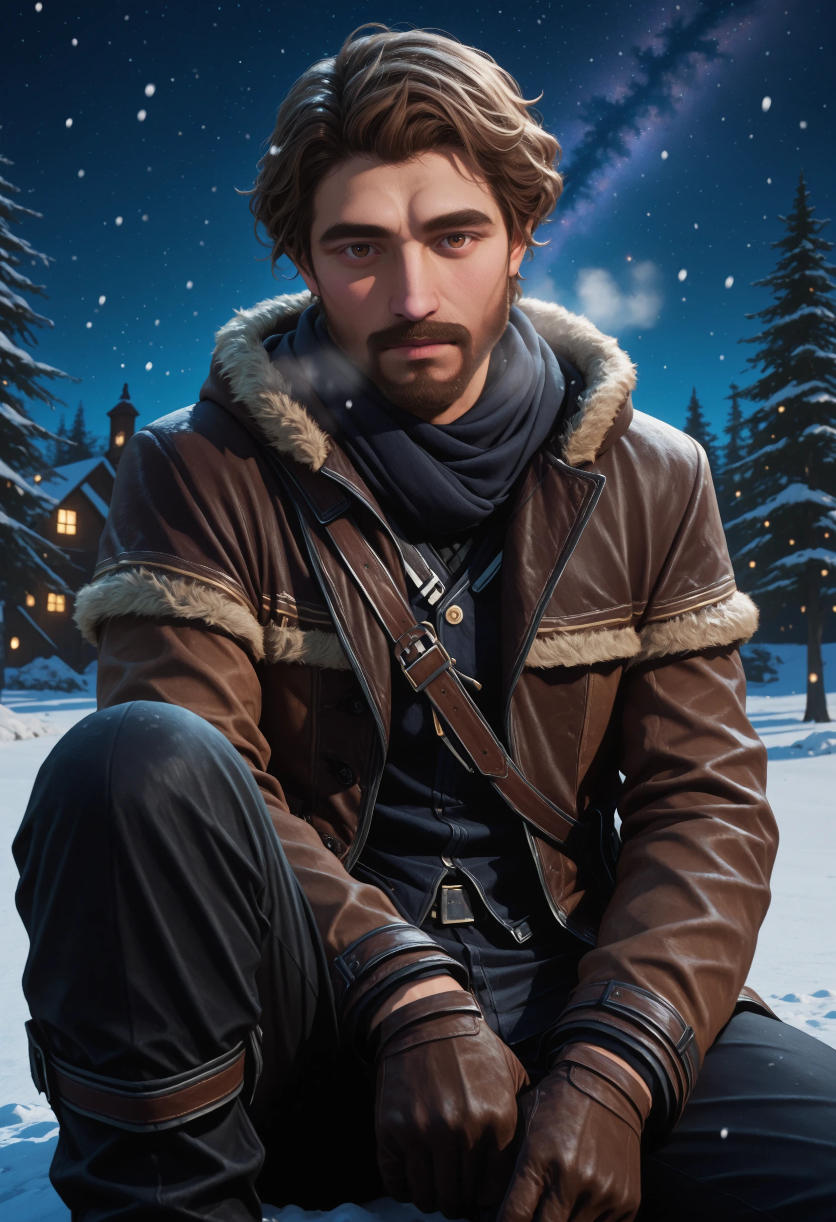 masterpiece, very aesthetic, best quality, absurdres, newest, realistic
<lora:ILE3Gustav:1.0>
E3Gustav, 1boy, male focus, short hair, brown hair, brown eyes, beard, looking at viewer, male focus, brown gloves, night sky, star (sky), sitting, fur trim,winter clothes, outdoors, starry sky, snow, tree, fur-trimmed jacket, black pants,knee up, cold, breath, snowing, winter coat, closed mouth, long sleeves, hood