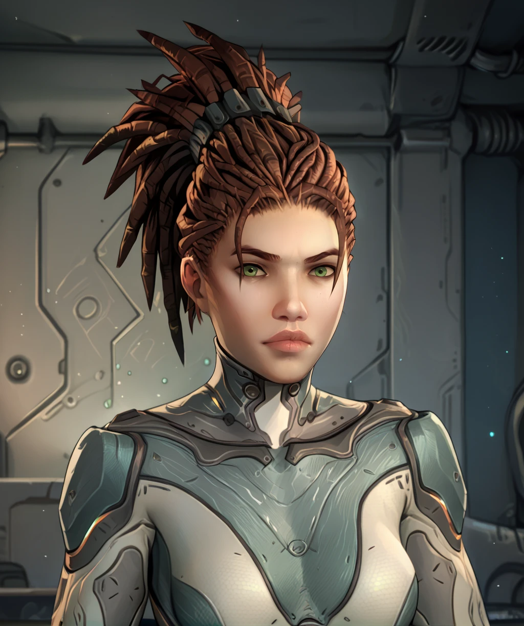score_9, score_8_up, score_7_up, score_6_up, score_5_up, score_4_up,
kerriganxl, green eyes, dreadlocks, ponytail,
armor, white bodysuit, gloves,
standing, upper body, looking at viewer,
science fiction, indoors, solo,
<lora:sarahkerriganxl-12v6v2:1>,