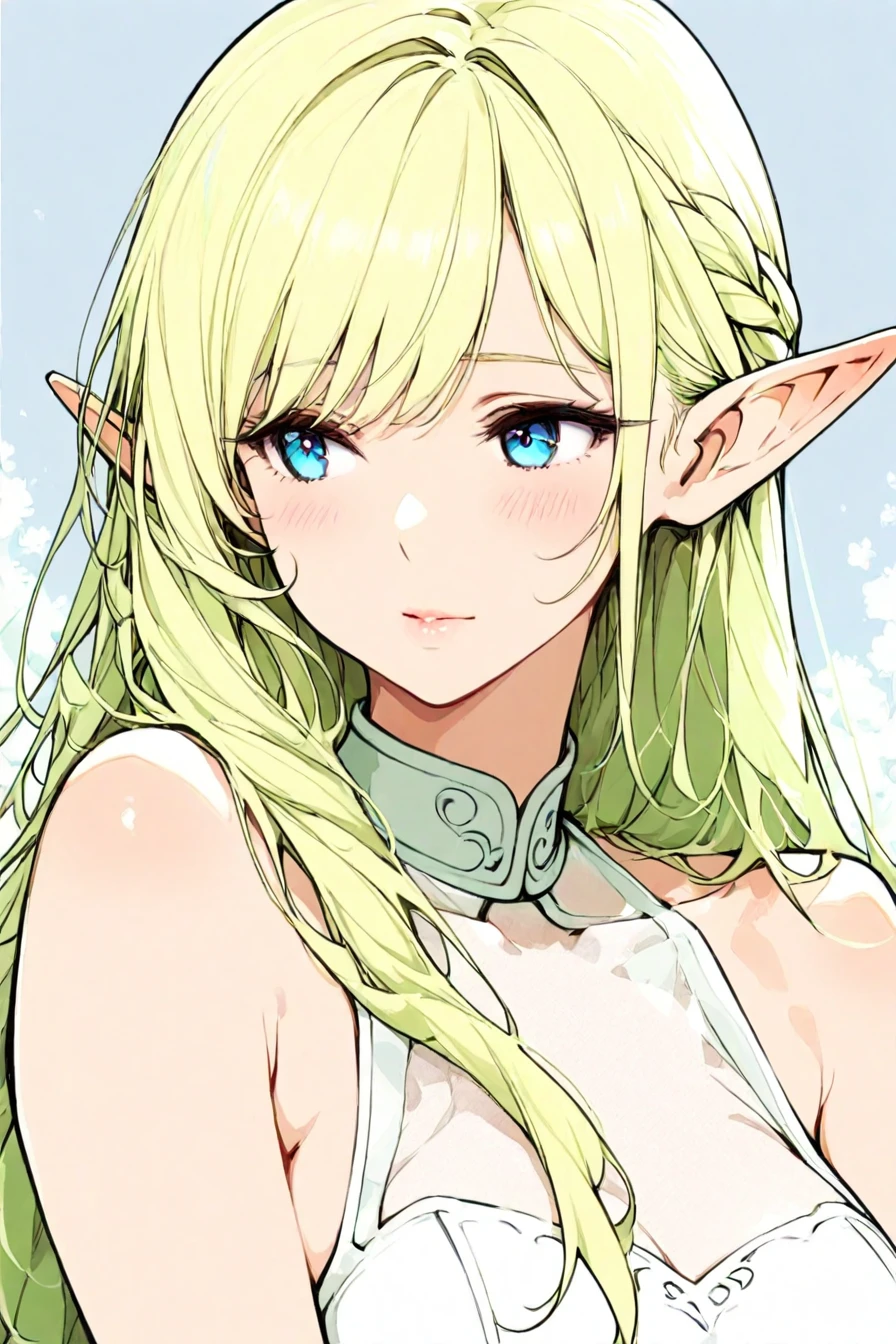 1girl, solo, alone, elf, pointy ears, portrait, <lora:neo_pop_style_illustriousXL_by_zura_janai-000029:1>, neo_pop_style, masterpiece, highres