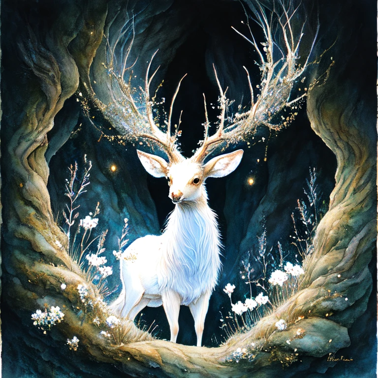 <lora:DarkGhibliMJ7SD1:1> Studio Ghibli Dark Fairytale, The image is a digital illustration of a white deer standing in a cave. The deer has large antlers that are spread out on its head with the tips of the antlers reaching upwards towards the sky. The antlers are covered in gold glitter giving the deer a luxurious and regal appearance. The background is dark and starry with a hint of blue and green. The cave walls are made of rocks and boulders and there are small white flowers scattered throughout the scene. The overall mood of the image is mystical and mystical., no humans, flower, antlers, painting (medium), traditional media, nature, tree, deer, solo, white flower