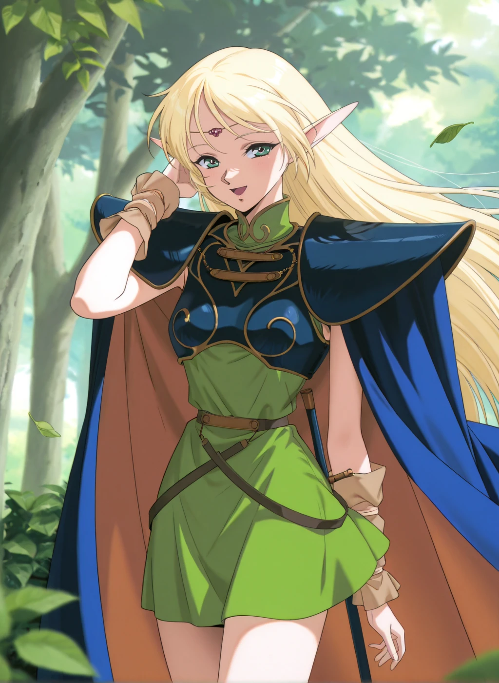 masterpiece,best quality,amazing quality,very aesthetic,high resolution,ultra-detailed,absurdres,newest,sensitive,depth of field,scenery BREAK
(1990s (style), retro artstyle),<lora:deedlit_V1_NOOB:1>,(deedlit,record of lodoss war,blonde hair,pointy ears,long hair,green eyes),(green dress, circlet, sleeveless,shoulder armor,armor,breastplate,cloak,blue cloak,boots),1girl,solo,:d,standing,posing,outdoors,forest,wind,leaf,adjusting hair,