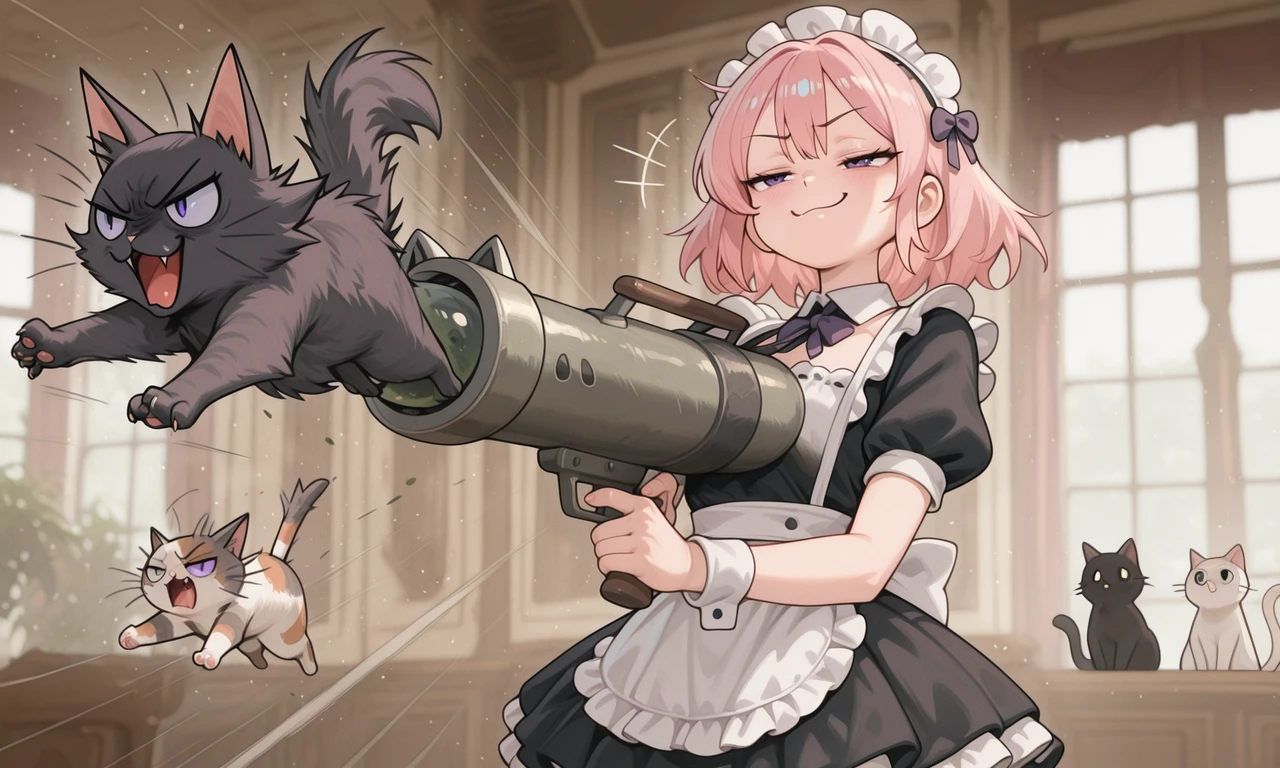 embedding:IllusP0s, cat launcher gun, cat, holding weapon, 1girl, pink hair, purple eyes, maid outfit, smug,<lora:cat launcher gun_illustrious.safetensors:1.0:1.0> <lora:CivChan.safetensors:0.8:0.8>