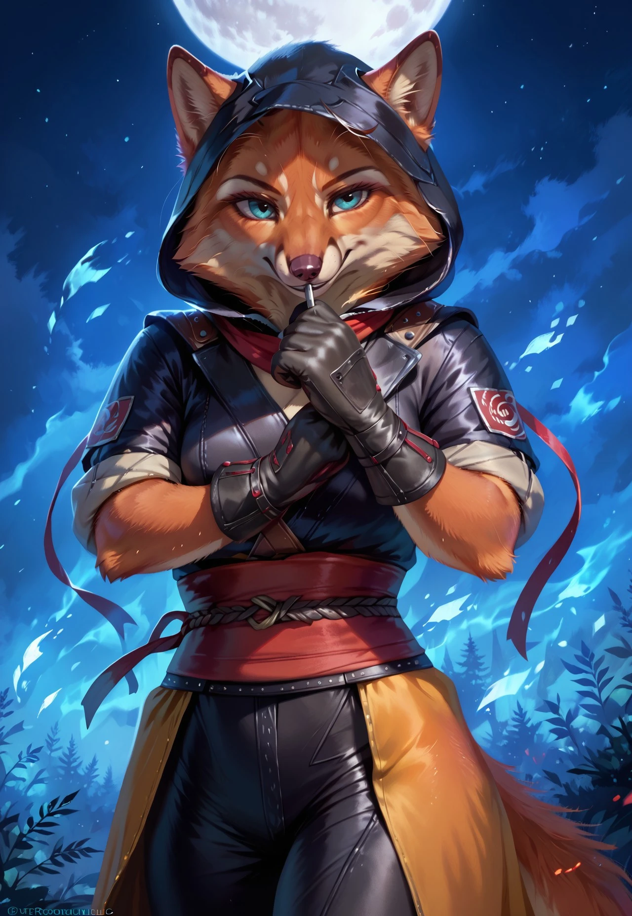score_9, score_8_up, score_7_up, score_6_up, photorealistic, epiCPhotoGasm-colorfulPhoto, Realistic, highres, super high resolution, 8k, photo, furry, anthro, fox, japanese pavillon. She is wearing a black ninja outfit, hood, gloves, sash belt. The pale light of the moon reflects on her and enhances her clothes details. night