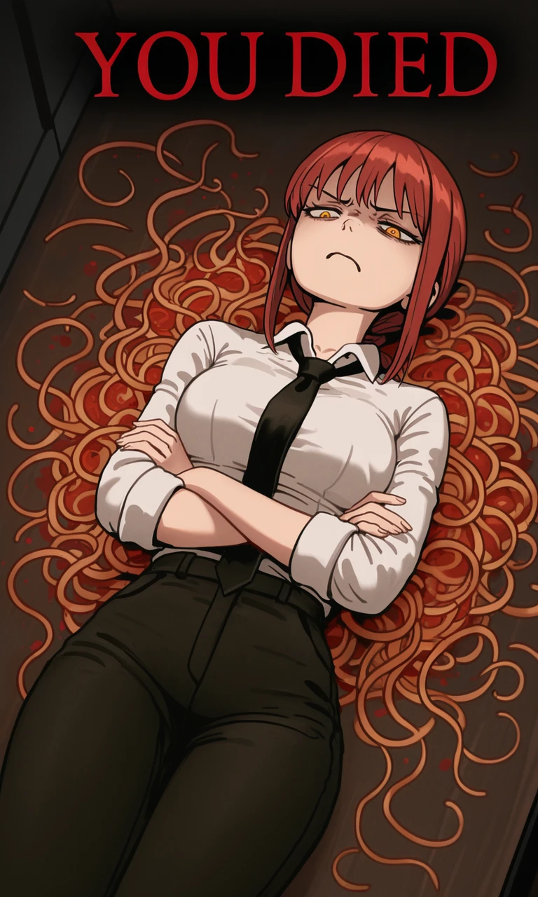 embedding:IllusP0s, f3rn4nd0, you died, lying, annoyed, arms crossed, makima, white shirt, black tie, 1girl, solo, black pants, spaghetti, on back, from above,<lora:you died_illustrious.safetensors:1.0:1.0> <lora:Style_soph-Fernando-ILXL.safetensors:1:1>