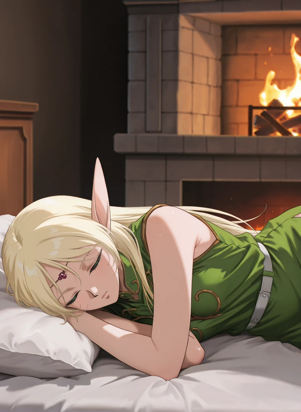 masterpiece,best quality,amazing quality,very aesthetic,high resolution,ultra-detailed,absurdres,newest,sensitive,depth of field,scenery BREAK
(1990s (style), retro artstyle),<lora:deedlit_V1_NOOB:1>,(deedlit,record of lodoss war,blonde hair,pointy ears,long hair,green eyes),(green dress, circlet, belt,sleeveless),1girl,solo,posing,indoors,fantasy,dark,on bed,bed,sleeping,on side,(closed eyes:1.2),pillow,fire,fireplace,