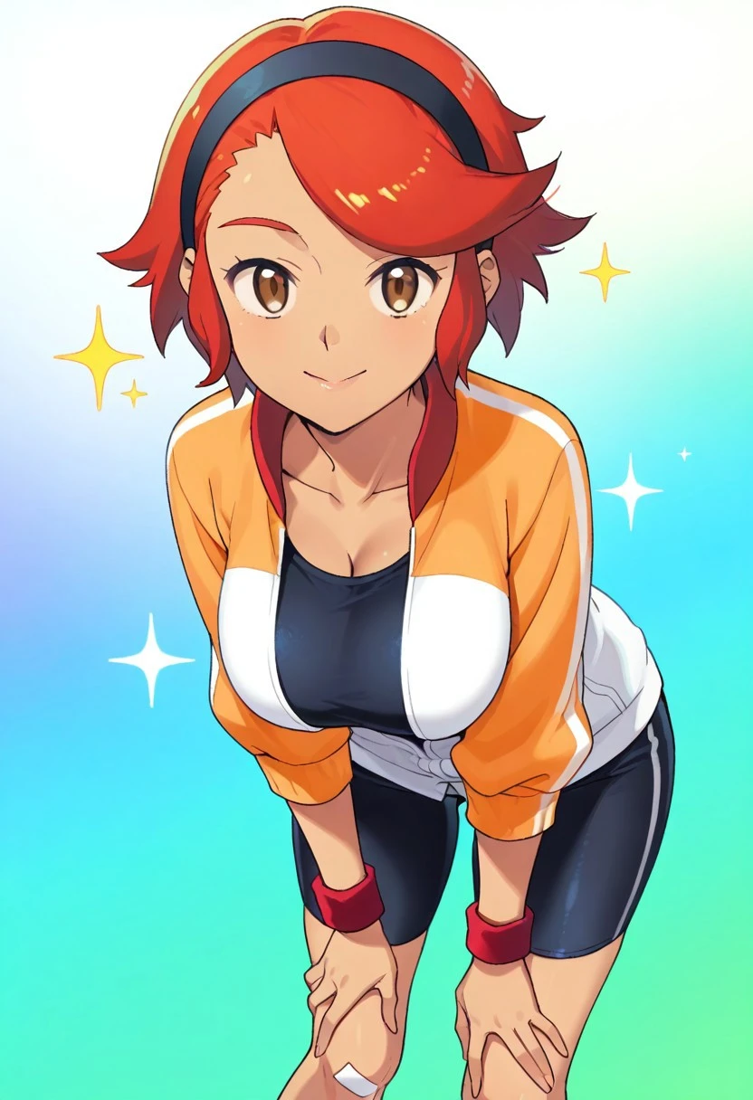 2d, masterpiece, best quality, amazing quality, 1girl, solo, close-up, standing, smile, upper body, leaning_forward, looking at viewer, multicolored background, sparkle, gradient background, colorful background, green background, blue background, (mature female, adult body, grown up, aged up), pktina, brown eyes, short hair, red hair, bangs, dark-skinned female, black hairband, multicolored jacket, white jacket, orange jacket, partially opened jacket, three-quarter sleeves, red wristband, black crop top, black shorts, bike shorts, bandaid on knee, shoes, orange footwear