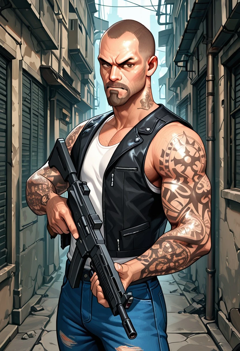 masterpiece, best quality, amazing quality, very aesthetic, absurdres, newest, high quality, detailed, FrancisL4D, 1boy, male, solo male, human, broad shoulders, mature male, brown eyes, athletic build, sleeve tattoos, shaved head, goatee, mustache, facial hair, stubble, scruffy, black leather vest, white tank top, scowl, looking at viewer, half body, holding gun, outdoors, alley, apocalypse, jeans