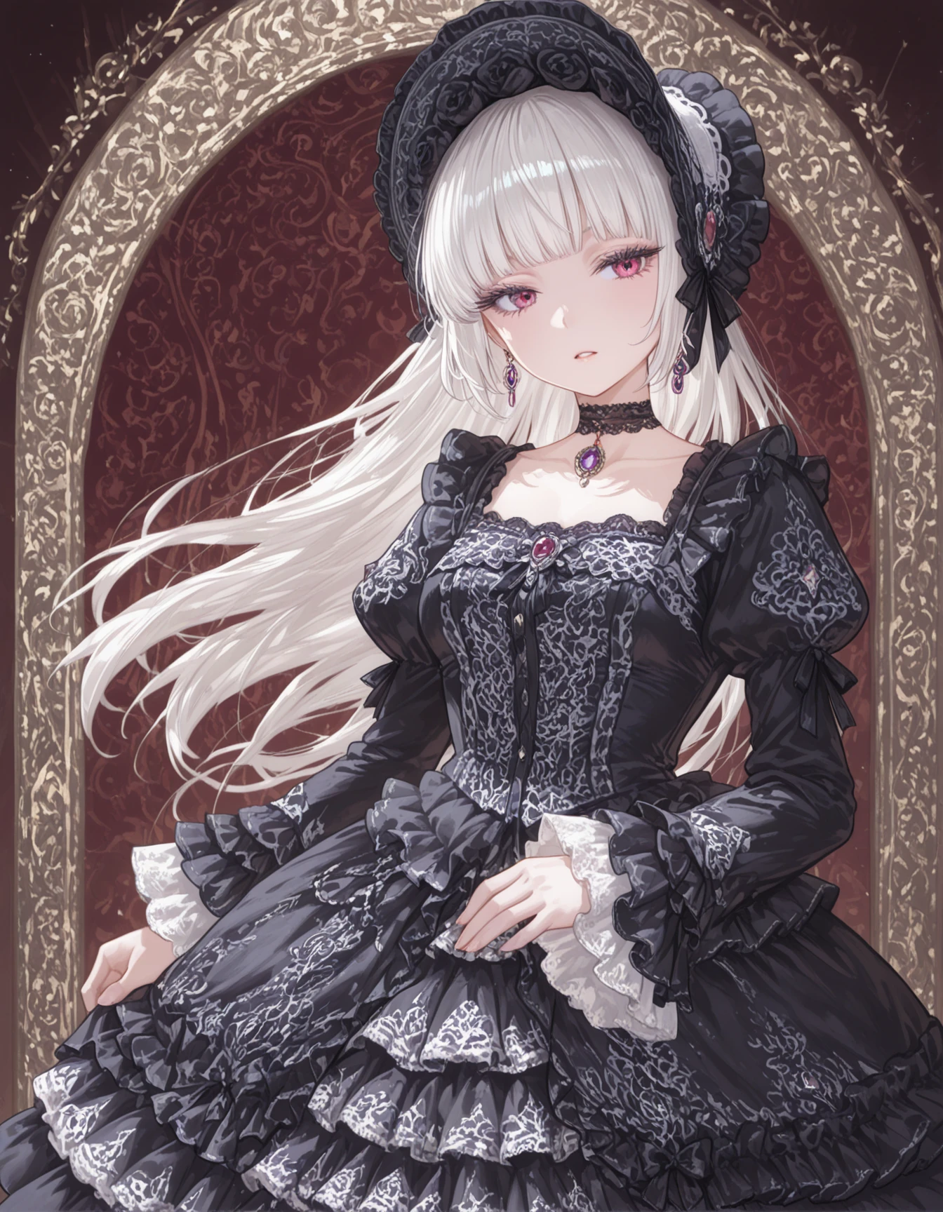 1girl,
white hair, ornate gothic dress, intricate lace patterns, embroidery details, jewelry, choker with gemstone, frilled sleeves, layered skirt, victorian style, bonnet,
best quality