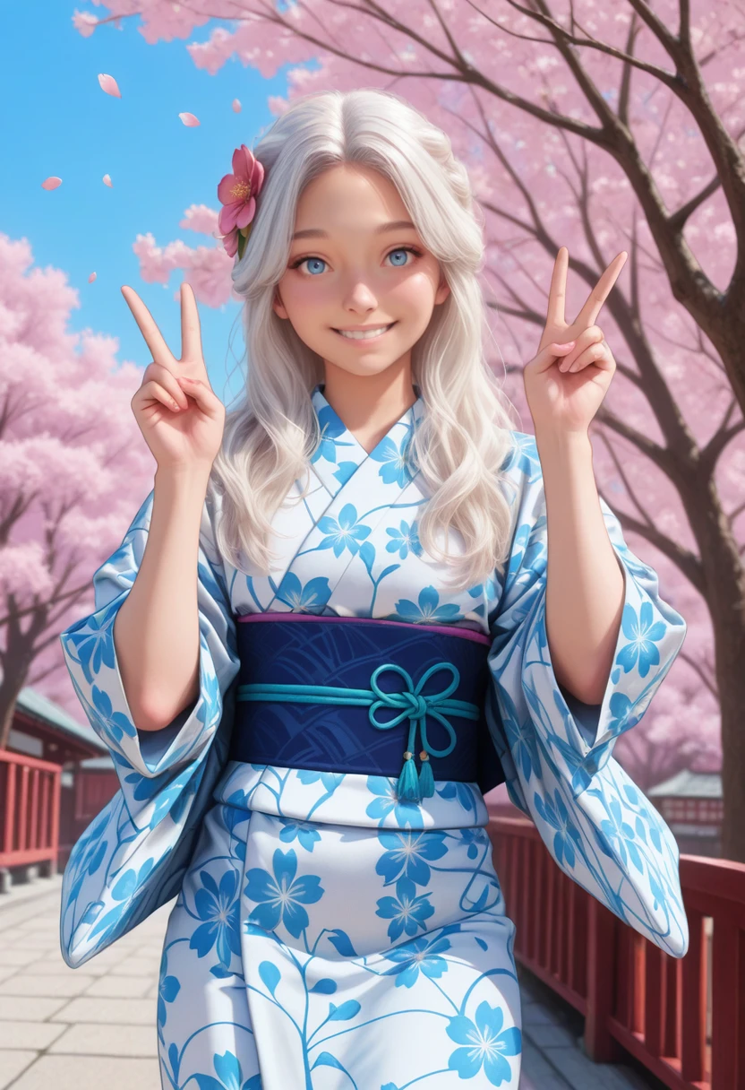 masterpiece, very aesthetic, best quality, absurdres, newest,
<lora:ILE3Maelle:1.0>
E3Maelle, 1girl, white hair, long hair, blue eyes, looking at viewer,yukata, kimono, petals, outdoors, wind, (peace sign), hand up, double v, hands up, cowboy shot, print kimono, japanese clothes, obi, hair flower, cherry blossoms, branch, blue sky, looking at viewer, smile