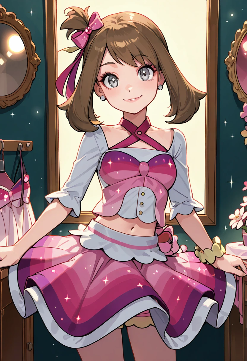 masterpiece, best quality, 1girl, solo, eyelashes, (beautiful eyes), smile, looking at viewer,    zzMayIdol, grey eyes, brown hair, medium hair, one side up, hair ribbon, hair bow, jewelry, backstage mirror, soft lighting, makeup, glitter, dress rack, bracelet, flower accessories, sparkle. In front of a lit vanity mirror, zzMayIdol applies lip gloss, her costume catching the light, reflecting the sparkle of pre-show excitement.    <lora:MayContestPokemon_IXL_v2:1.0>,