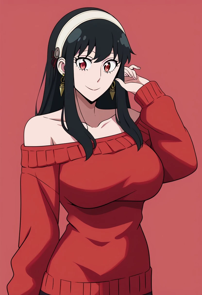 score_9, score_8_up, score_7_up, score_6_up, score_5_up, score_4_up, source_cartoon, <lora:confetti-extract- ponyxl:0.85>, detailed eyes, easynegative, rating_explicit, Expressiveh, 1girl, solo, rakusaku, big breasts, smiling to viewer
yor briar, black hair, red eyes, earrings, white hairband, hairband, long hair, sidelocks, bare shoulders, collarbone, long sleeves, off shoulder, off-shoulder sweater, red sweater, sweater, sweater dress, cleavage,