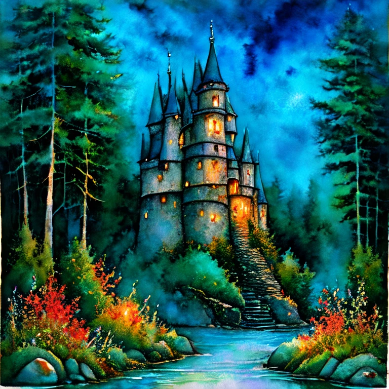 <lora:DarkGhibliMJ7SD1:1> Studio Ghibli Dark Fairytale, The image is a painting of a castle in the middle of a forest. The castle is made of stone and has multiple towers with pointed roofs and arched windows. The towers are surrounded by trees and bushes and there are large rocks on either side of the castle. The sky is dark and cloudy and the overall mood of the image is eerie and mysterious. The painting is done in a watercolor style with soft colors and soft brushstrokes. The overall mood is one of mystery and wonder., no humans, tree, scenery, outdoors, night, nature, stairs, forest, flower, grass