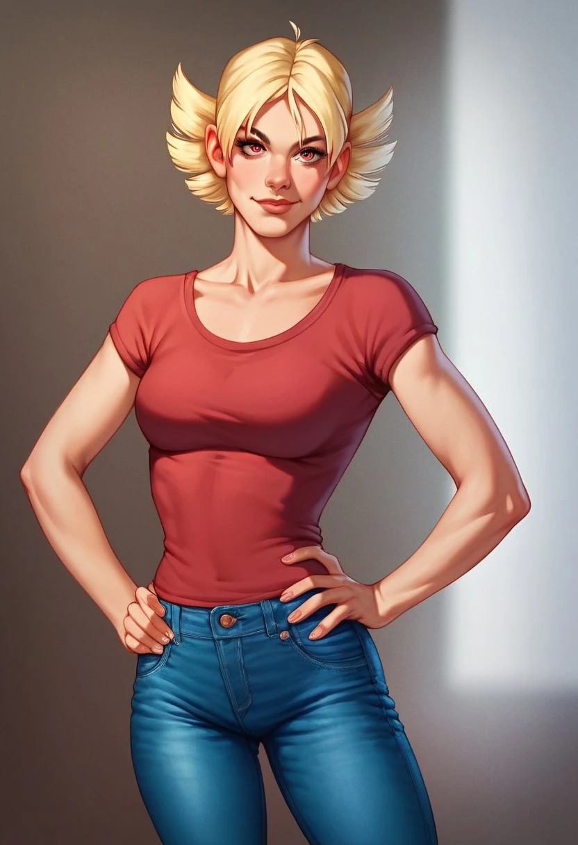 Blonde girl with short hair, blue eyes, wearing a white strapless shirt with the belly exposed, wearing a thin cream-colored coat on top, wearing very tight jeans 