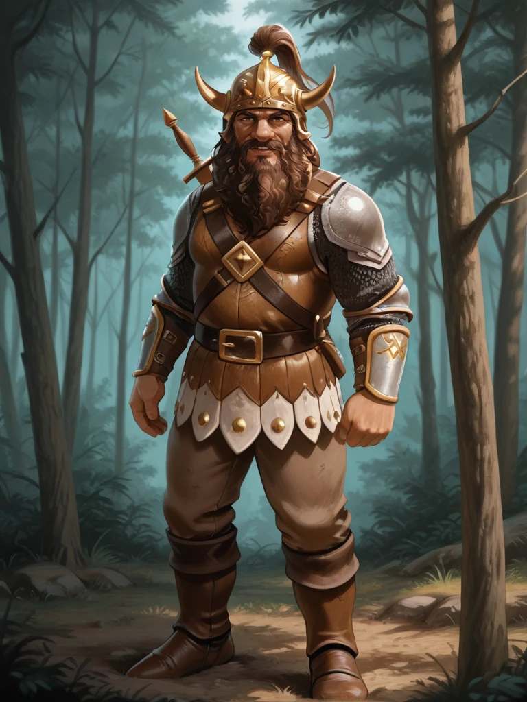 <lora:Flint_Fireforge__Dragonlance:0.7>
dlflint,,brown hair, facial hair, beard,, masculine, male,, armor, helmet,,
standing in a forest, looking at viewer, smiling