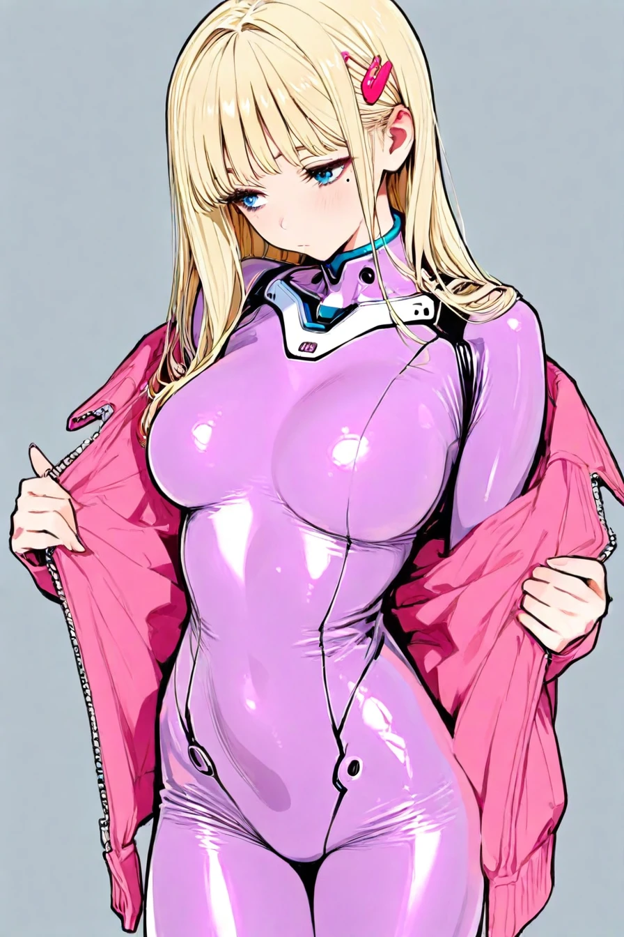fuurinji miu, blonde hair, long hair, blue eyes, mole under right eyes, slim waist, large breast, pink jacket, purple bodysuit, hairclip, 1girl, solo, alone,  <lora:neo_pop_style_illustriousXL_by_zura_janai-000029:1>, neo_pop_style, masterpiece, highres