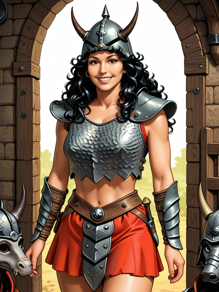 <lora:Telerie:0.7>
telerie,,long hair, black hair, curly hair,,armor, midriff, skirt, helmet,, looking at viewer, smiling
medieval dungeon, solo