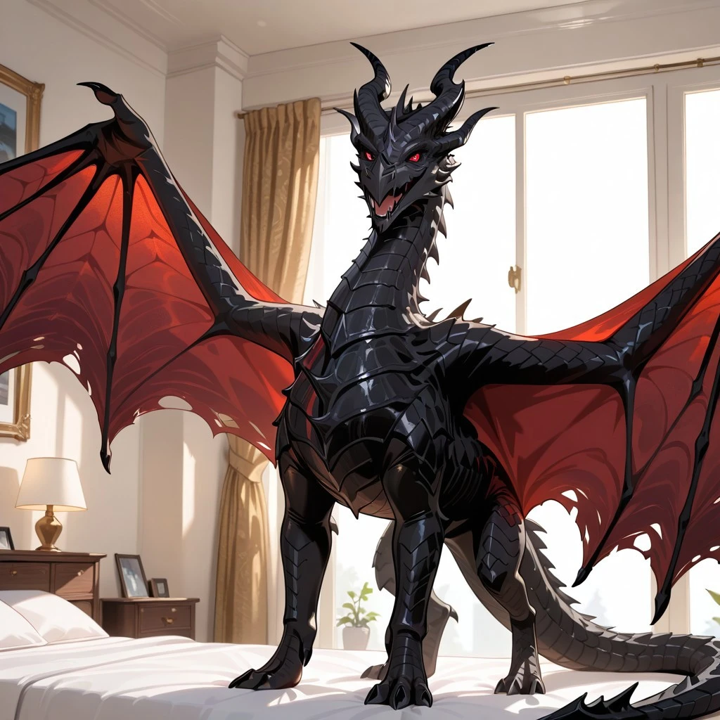 1boy, highres, absurdres, newest, masterpiece, best quality, furry, furry_male, alduin_skyrim, dragon, black scales, (wings, spread wings:1.3), horns, tail, male, 1boy, red sclera, red eyes, (black pupils, black slit pupils:1.2), (quadruped, feral:1.3), detailed eyes, (standing:1.1), open_mouth, open mouth smile, luxurious detailed room, bright room, day scene, professional lighting, solo, bedroom, smiling, seductive, looking_at_viewer, masterpiece, close up, safe