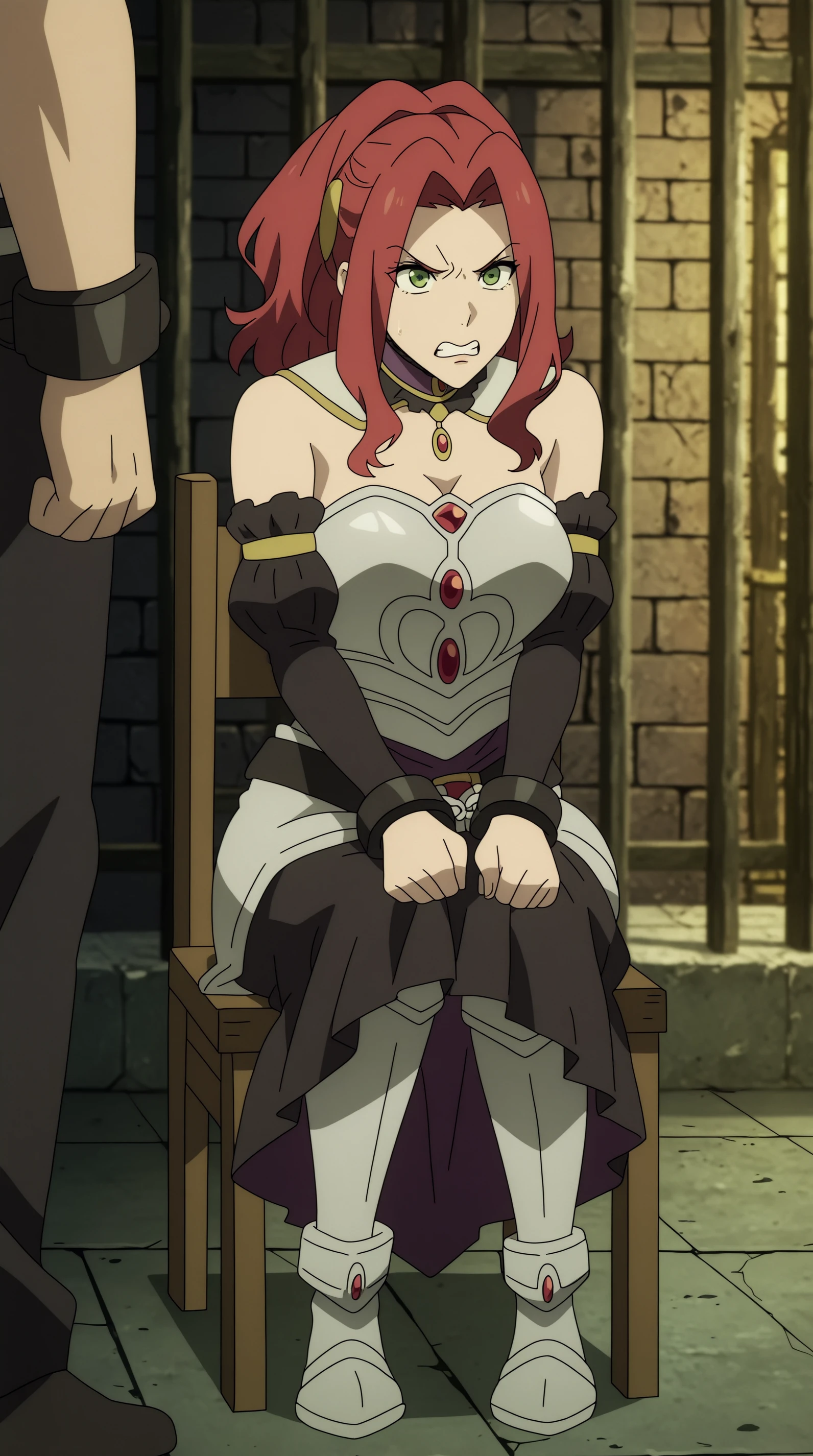 masterpiece, anime coloring, newest, Malty S Melromarc, Main Outfit, solo focus, handcuffs, prison, jail, angry , full body, sitting, chair, <lora:JN_Malty_S_Melromarc_Illus:0.8>