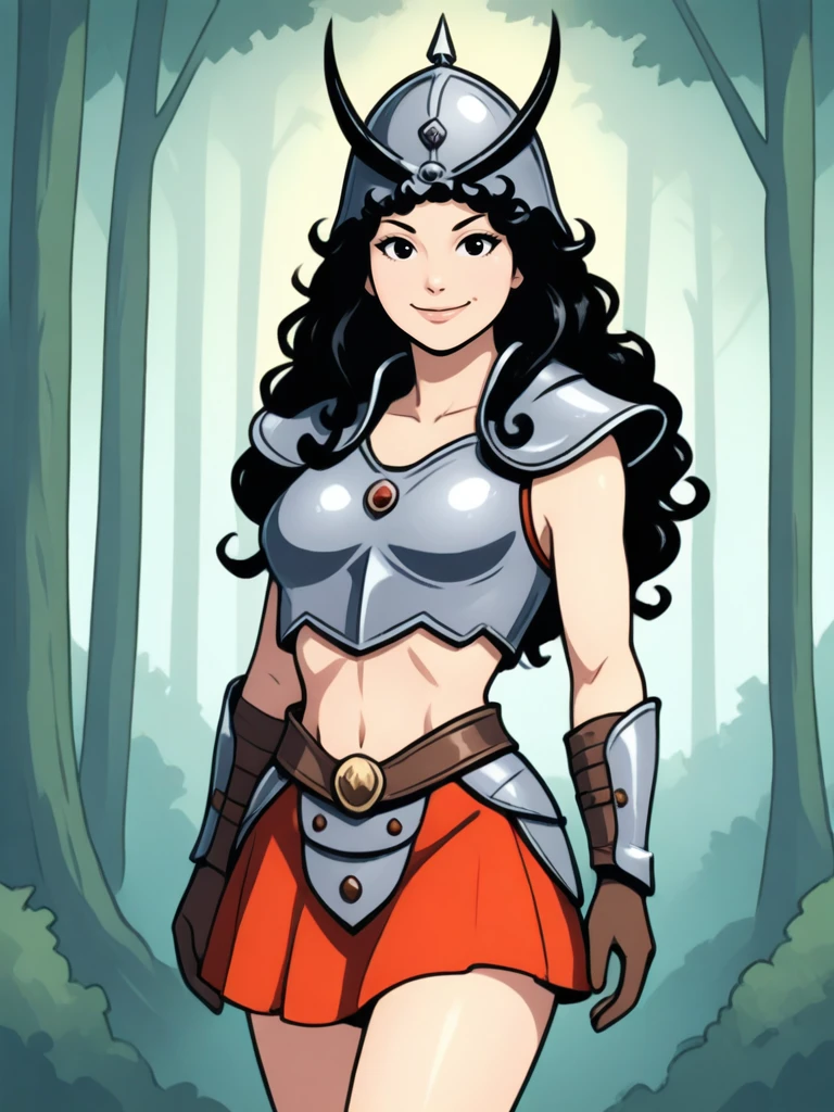 <lora:Telerie:0.7>
telerie,,long hair, black hair, curly hair,,armor, midriff, skirt, helmet,, looking at viewer, smiling
forest, solo