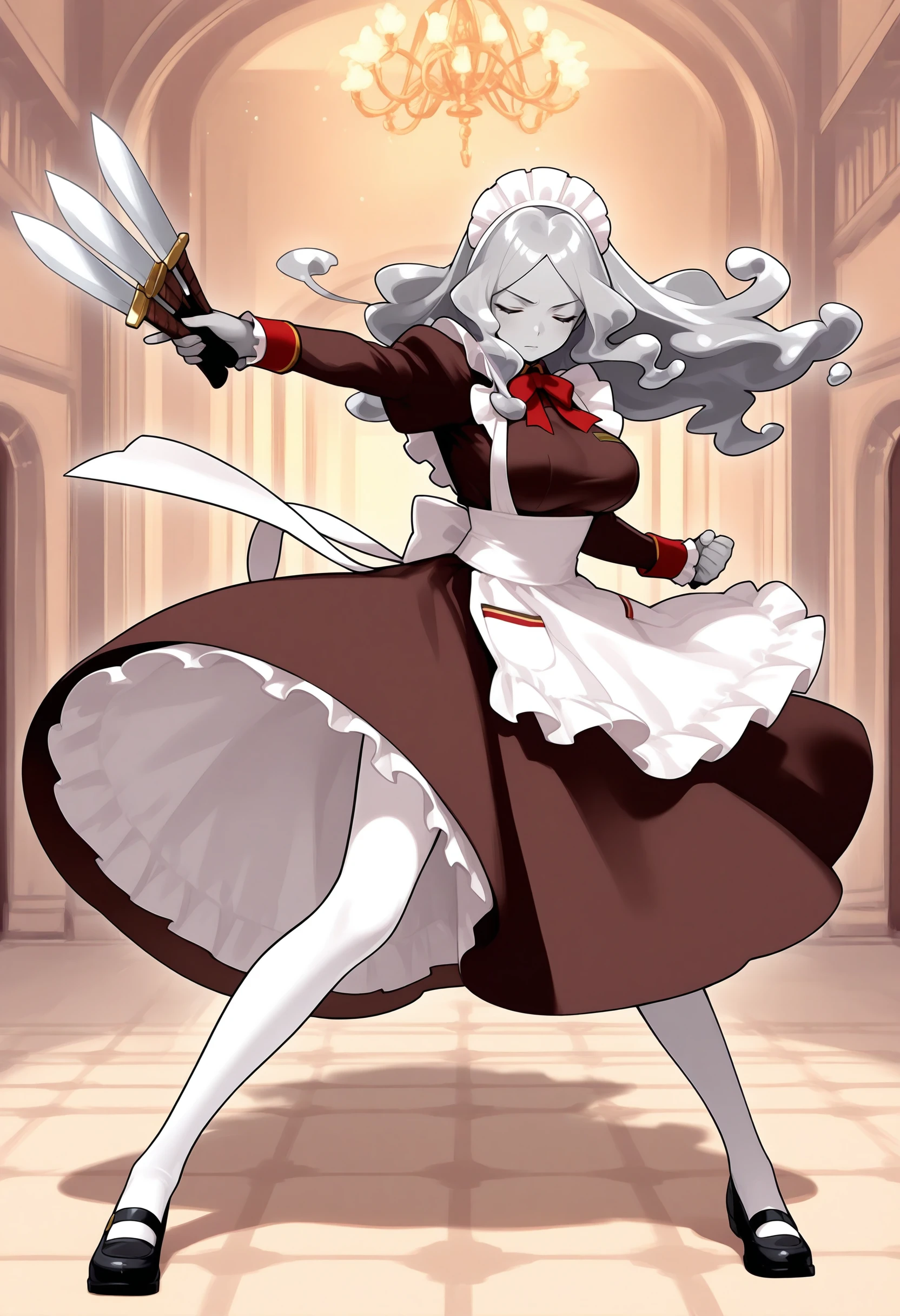 masterpiece,extreme detailed,indoor,mansion,1girl,full body BREAK trimmau_(fate),solo,closed mouth,closed eyes,long hair,grey hair,large breasts,maid,maid headdress,white apron,juliet sleeves,brown dress,grey skin,long sleeves,shoes,white pantyhose,black footwear,red bow,bowtie,bubble,<lora:trimmau-IL:1>,holding knife,fighting stance,