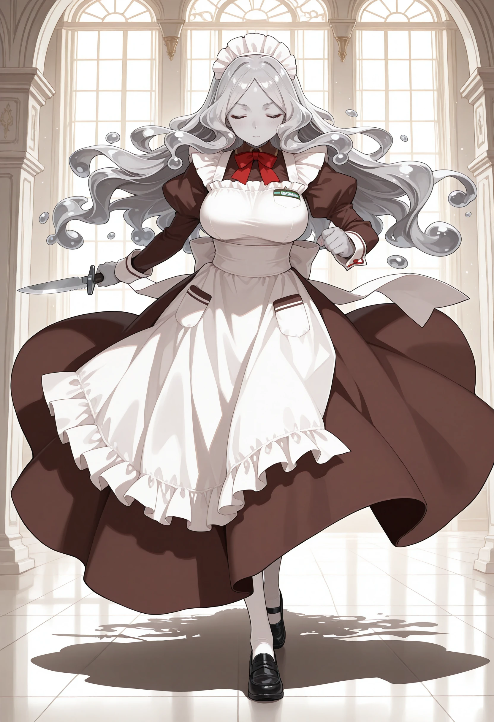 masterpiece,extreme detailed,indoor,mansion,1girl,full body BREAK trimmau_(fate),solo,closed mouth,closed eyes,long hair,grey hair,large breasts,maid,maid headdress,white apron,juliet sleeves,brown dress,grey skin,long sleeves,shoes,white pantyhose,black footwear,red bow,bowtie,bubble,<lora:trimmau-IL:1>,holding knife,fighting stance,incoming attack,