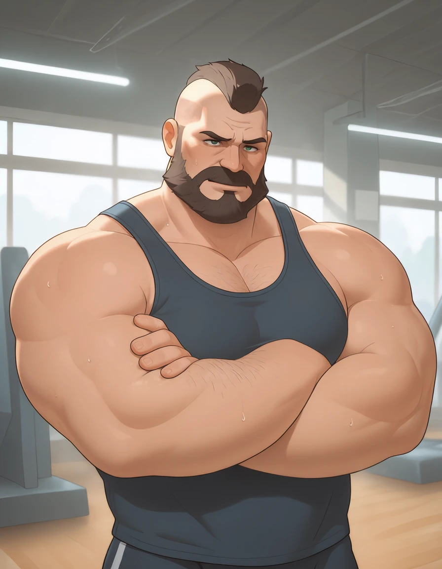 solo, 1boy, Huge Middle aged Muscular Old Grizzly Bear Daddy wearing glasses , pectoral, huge pectoral, wide pectoral, short white hair, short pants black wristbands and tank top, bearded, Mustache, muscle beach background, frontside, masterpiece, high detailed, 8k, high resolution, at the gym working out his chests, Dumbbell flyes