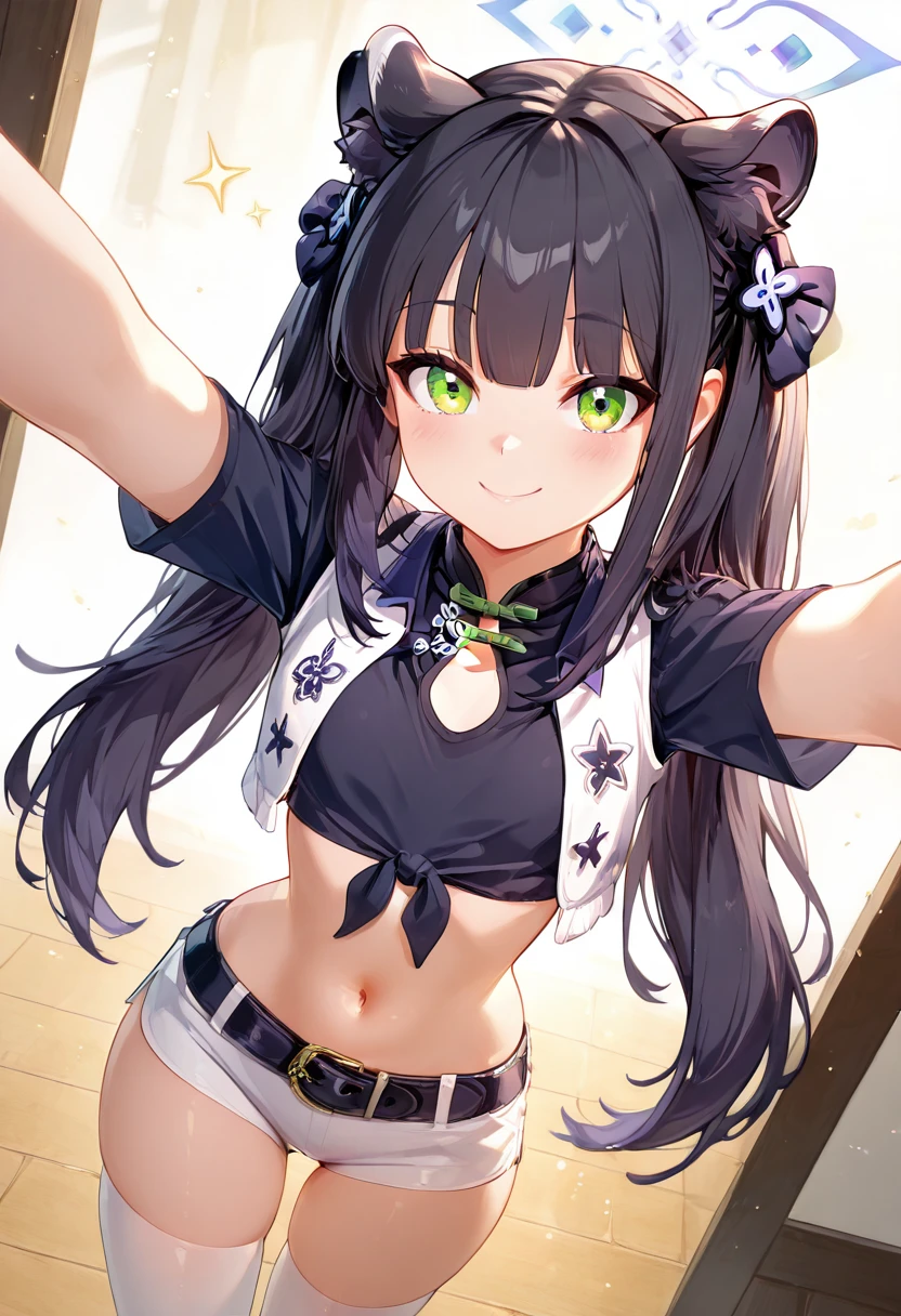masterpiece, best quality, solo, curvy, beautiful eyes,  narrow waist, wide hips, zzShun, green eyes, black hair, blunt bangs, long hair, animal ears, tiger ears, halo, animal ear fluff, twintails, tiger girl, extra ears,  dynamic angle, foreshortening, close up, smile, looking at viewer,   ,       <lora:ShunBlueArchiveIXL:1.0>, [Pep Rally Rebel], DalCowCheer, navel, midriff, belt, blue tied shirt, vest, white shorts, short shorts, skindentation,  <lora:DallasCowboysCheerleaders_IXL_v2:1.0>,  Strutting across an indoor gym floor, midriff bared and navel catching the light, attitude turned all the way up, head held high as music pulses in the background.