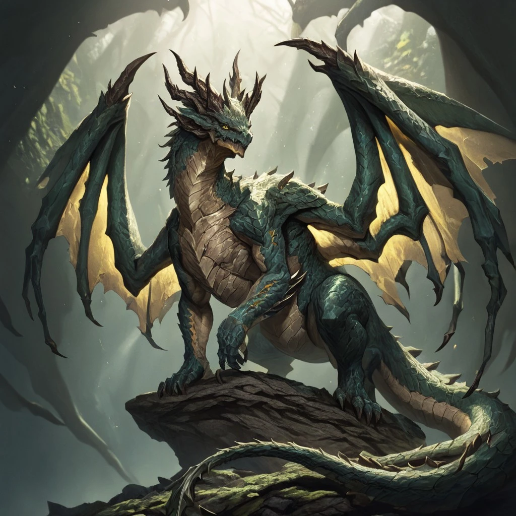 masterpiece, best quality, newest, absurdres, highres, DFAV1.5, 
monster, no humans, dragon, wings, tail, wings, dragon wings, dragon horns, horns, multiple horns, green scales, yellow eyes,