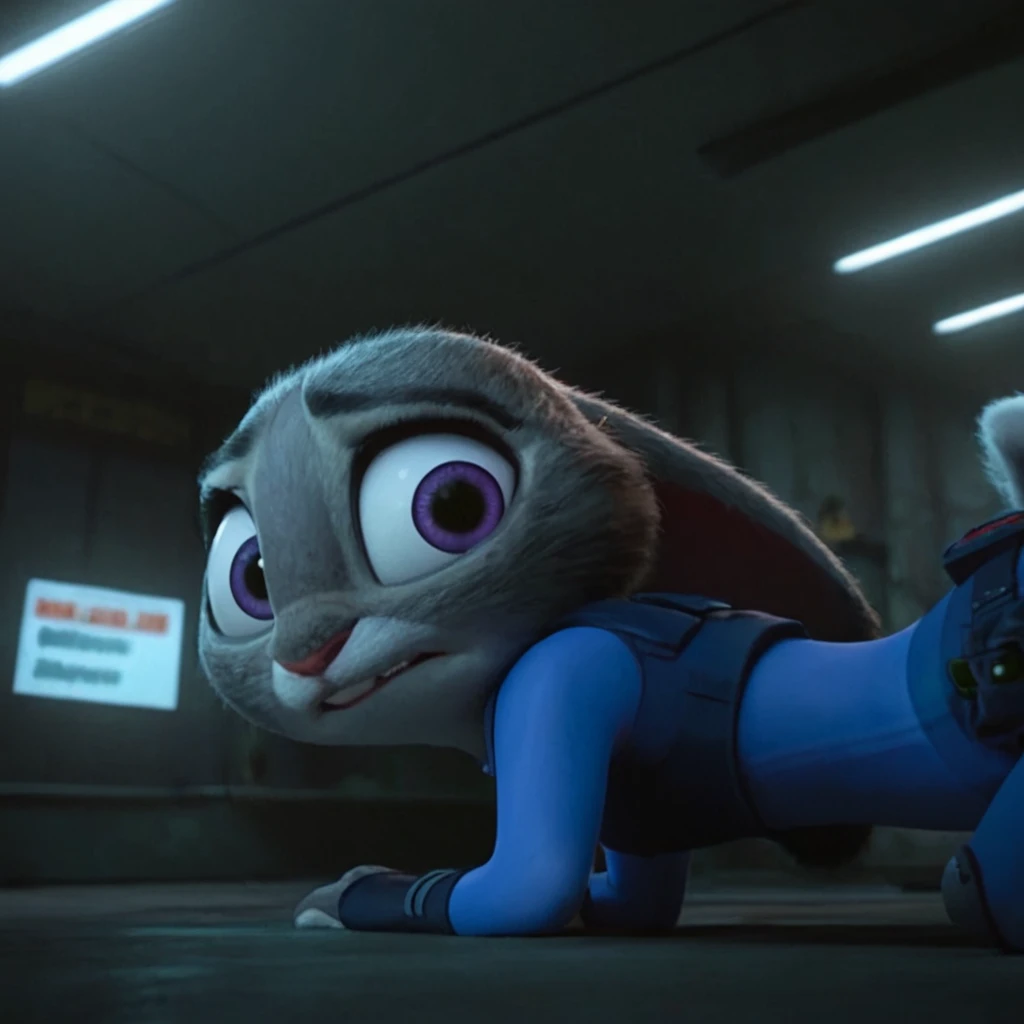 judyhopps, solo, nervous, ears back, interior, industrial hall, puddles, sneaking, dark, night, backlighting, all fours, purple eyes, looking back <lora:judyhopps-v3-Yiffy:0.8>, BREAK best quality, high quality, masterpiece