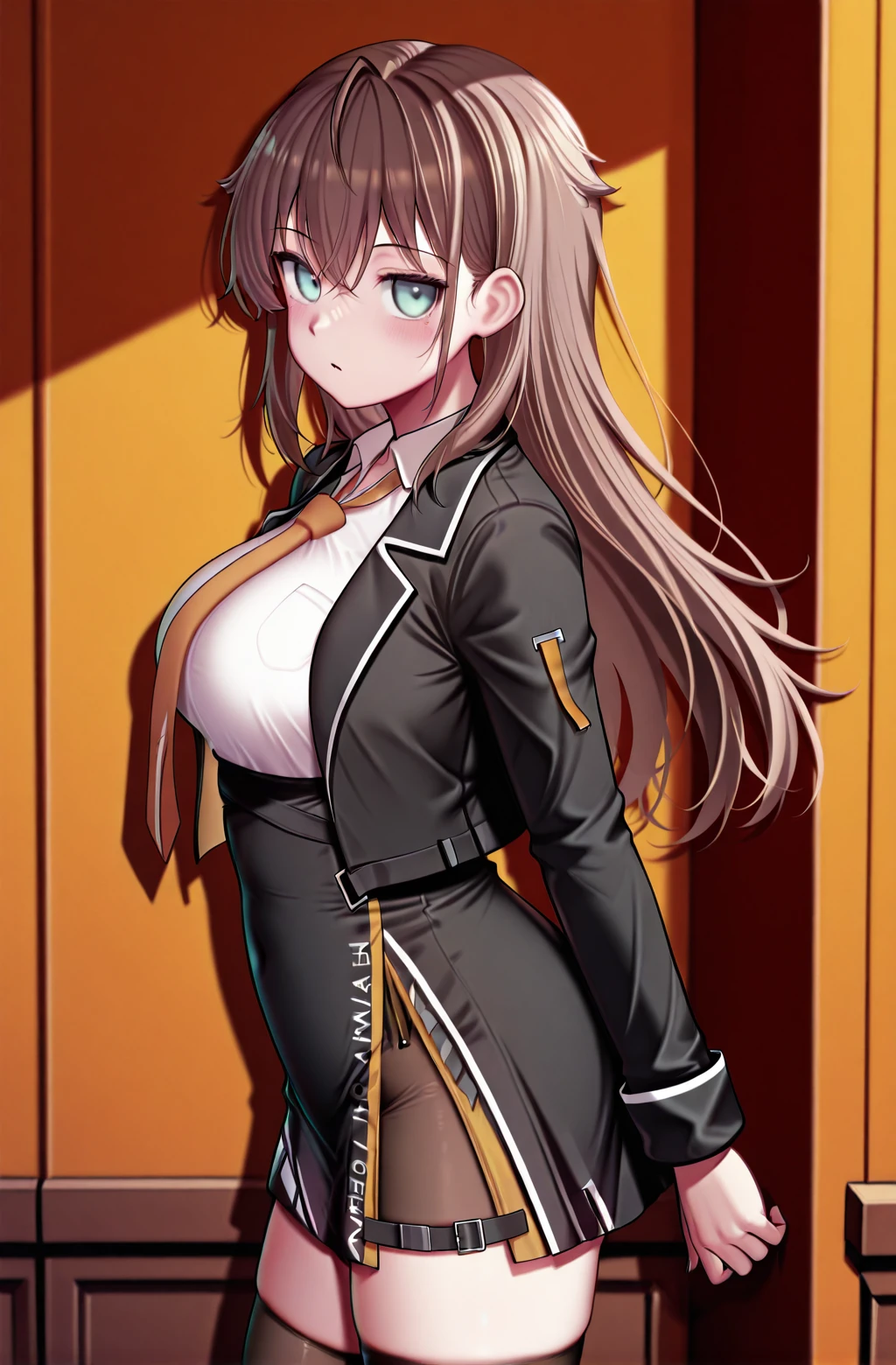 masterpiece,best quality,amazing quality,
<lora:KanaNebelWorkingV1-IXL:1> 1girl,nebelgeisterjager uniform,open black jacket,white collared shirt,black skirt,orange necktie, single leg pantyhose,single thighhigh,from side,looking at viewer, Kashiwazakikana,aqua eyes,brown hair <lora:Kashiwazakikana-OnlyCharV3-IXL:1>
